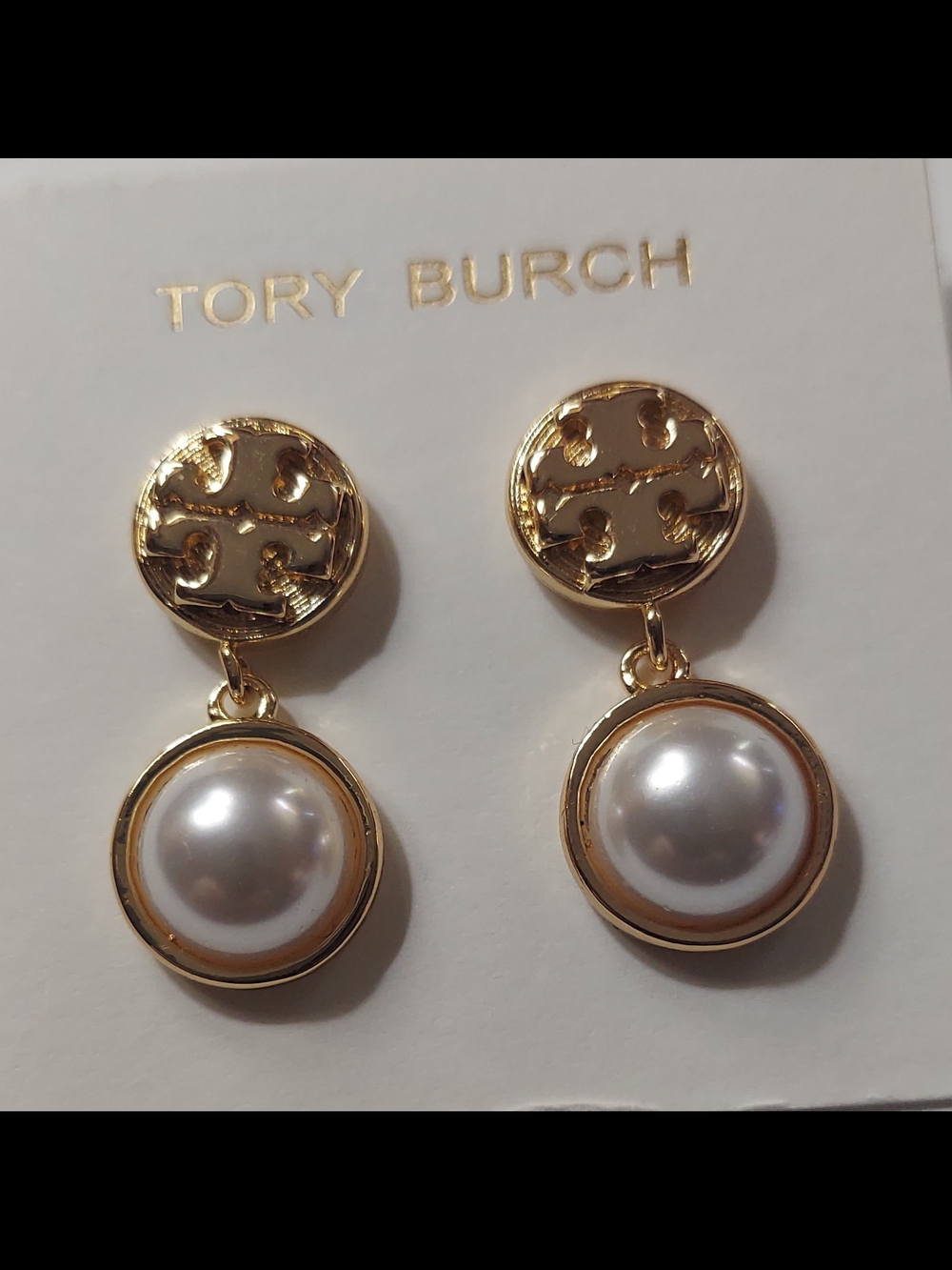 Tory Burch Gold Logo Drop Earrings with White Pearl Discs